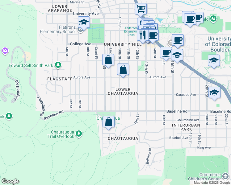 map of restaurants, bars, coffee shops, grocery stores, and more near 955 Cascade Avenue in Boulder