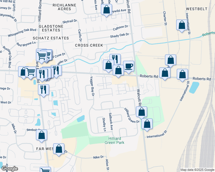 map of restaurants, bars, coffee shops, grocery stores, and more near 2386 Hilliard Park Boulevard in Hilliard