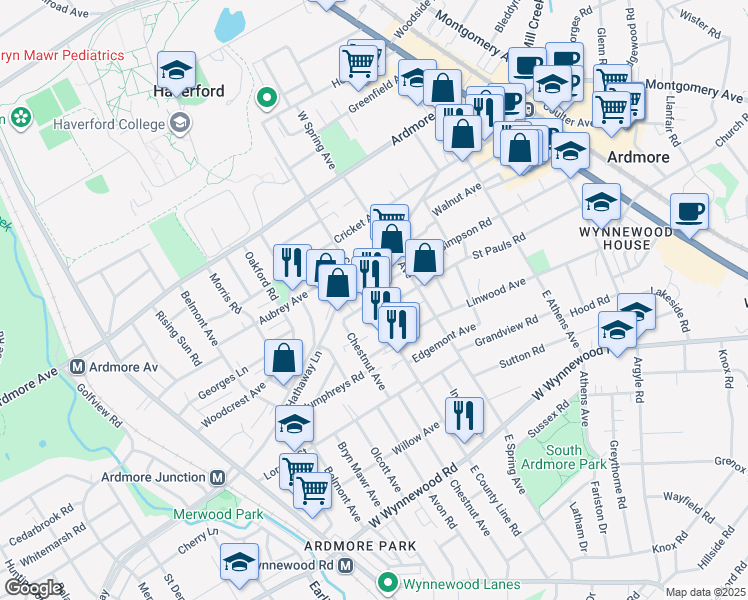 map of restaurants, bars, coffee shops, grocery stores, and more near 107 East County Line Road in Ardmore