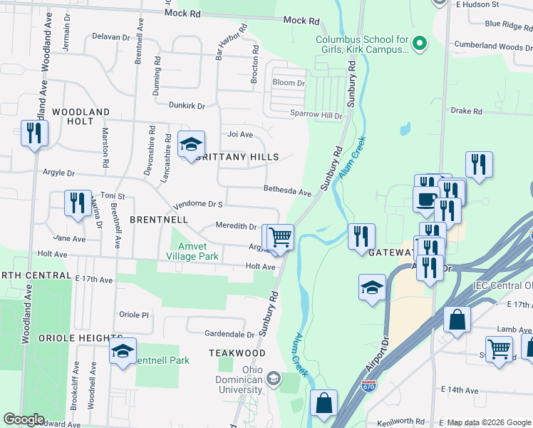map of restaurants, bars, coffee shops, grocery stores, and more near 2477 Vendome Drive South in Columbus