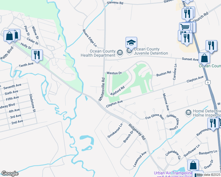 map of restaurants, bars, coffee shops, grocery stores, and more near 315 Ashford Road in Toms River