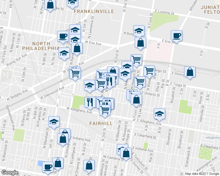 map of restaurants, bars, coffee shops, grocery stores, and more near 3366 North 2nd Street in Philadelphia