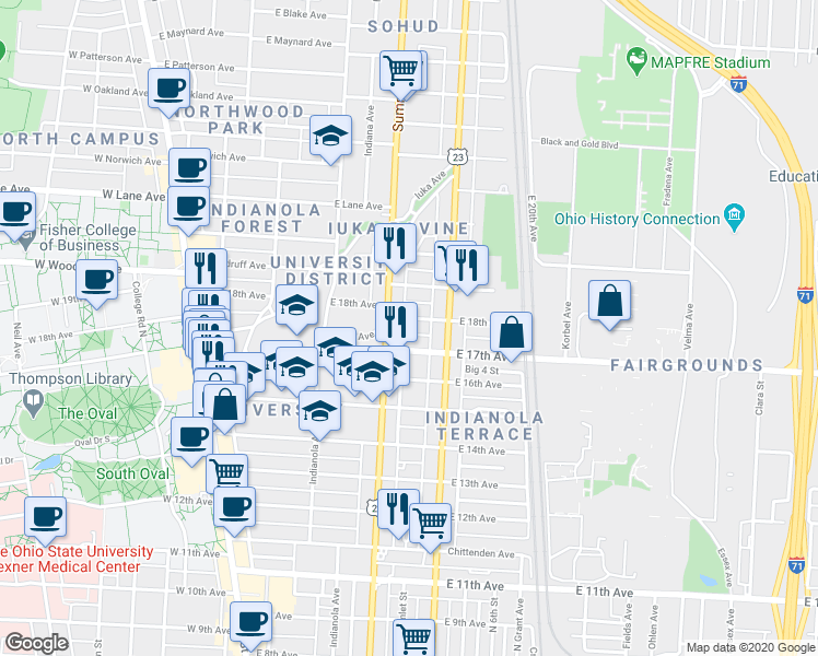 map of restaurants, bars, coffee shops, grocery stores, and more near 307 East 18th Avenue in Columbus
