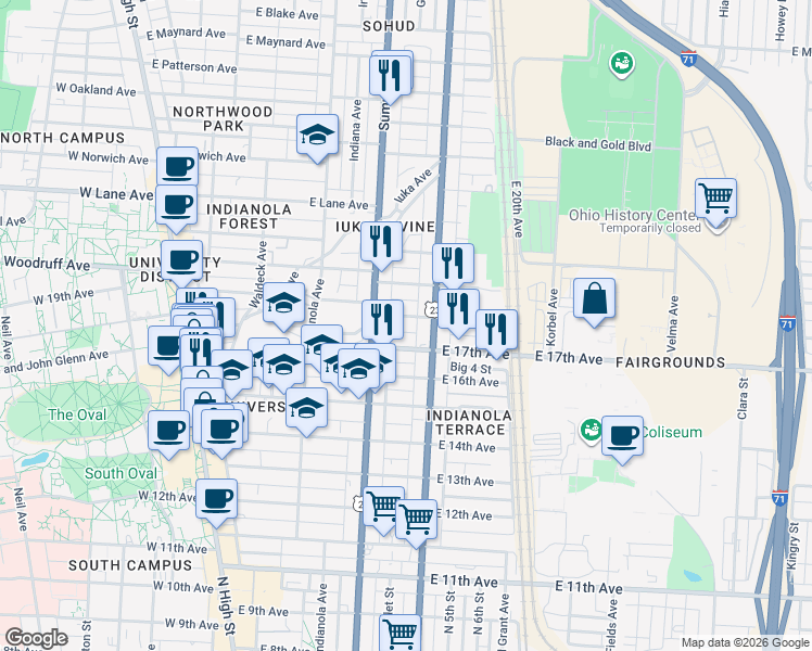 map of restaurants, bars, coffee shops, grocery stores, and more near 323 East 18th Avenue in Columbus