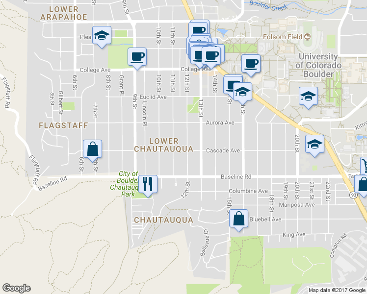 map of restaurants, bars, coffee shops, grocery stores, and more near 1177 Cascade Avenue in Boulder
