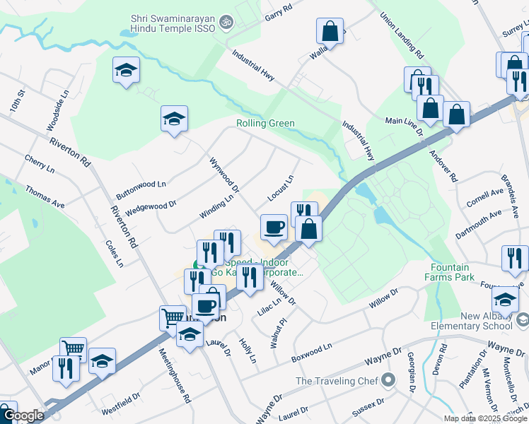 map of restaurants, bars, coffee shops, grocery stores, and more near 1600 Wynwood Drive in Cinnaminson