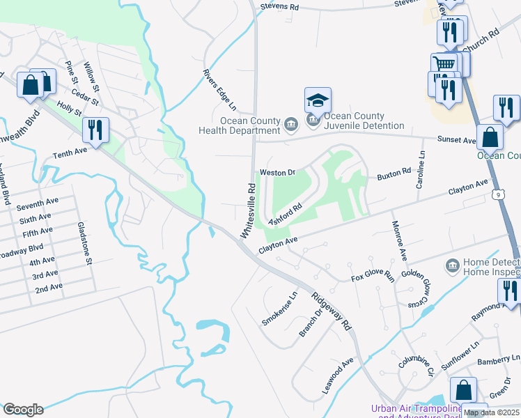 map of restaurants, bars, coffee shops, grocery stores, and more near 315 Ashford Road in Toms River