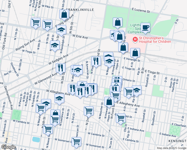 map of restaurants, bars, coffee shops, grocery stores, and more near 3366 North 2nd Street in Philadelphia