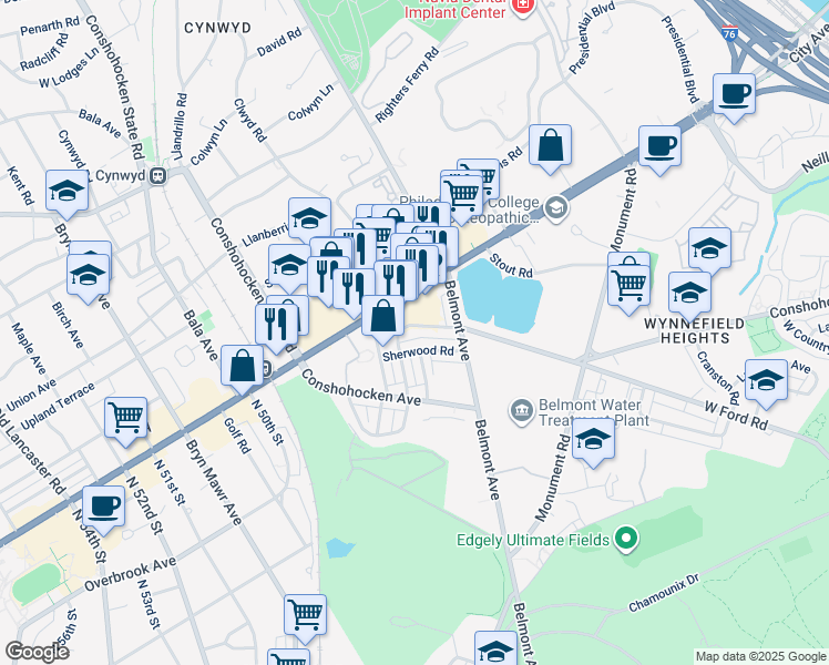 map of restaurants, bars, coffee shops, grocery stores, and more near 4456 Overbrook Avenue in Philadelphia