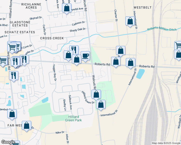 map of restaurants, bars, coffee shops, grocery stores, and more near 4900 Meadow Run Drive in Hilliard