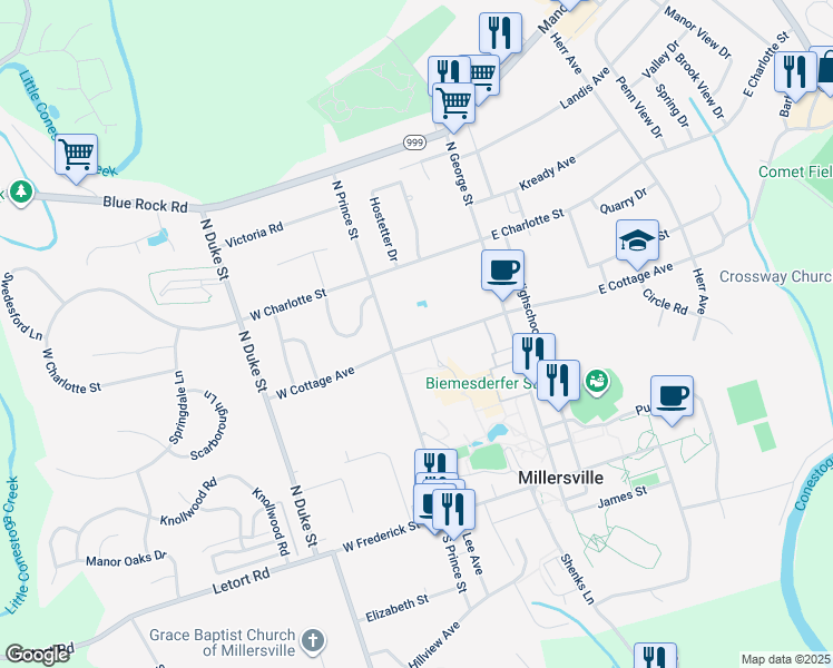 map of restaurants, bars, coffee shops, grocery stores, and more near 65 West Cottage Avenue in Millersville