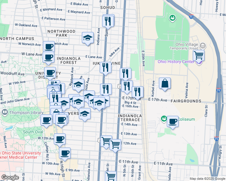 map of restaurants, bars, coffee shops, grocery stores, and more near 325 East 18th Avenue in Columbus