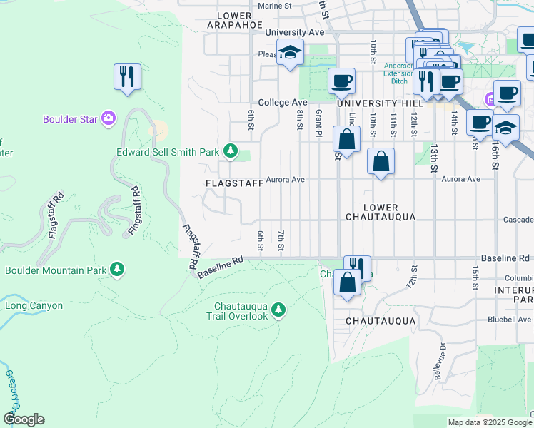map of restaurants, bars, coffee shops, grocery stores, and more near 611 Cascade Avenue in Boulder
