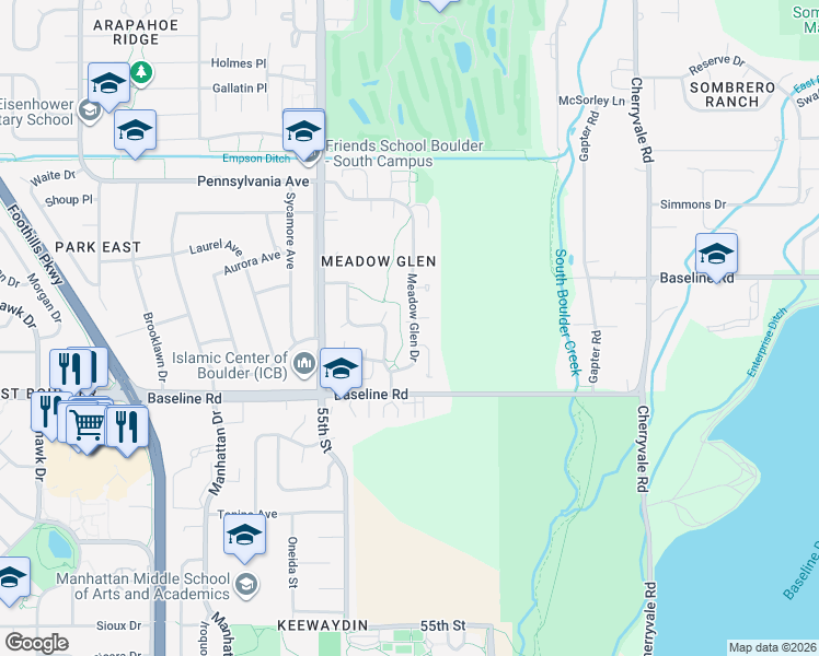 map of restaurants, bars, coffee shops, grocery stores, and more near 805 Meadow Glen Drive in Boulder