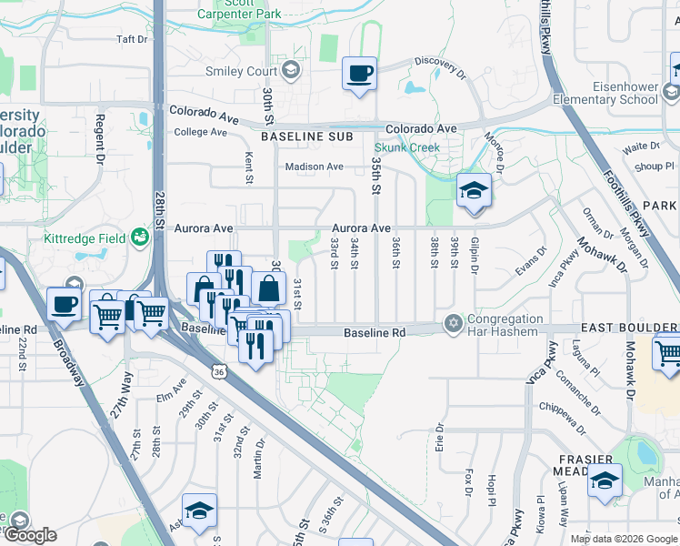 map of restaurants, bars, coffee shops, grocery stores, and more near 785 33rd Street in Boulder