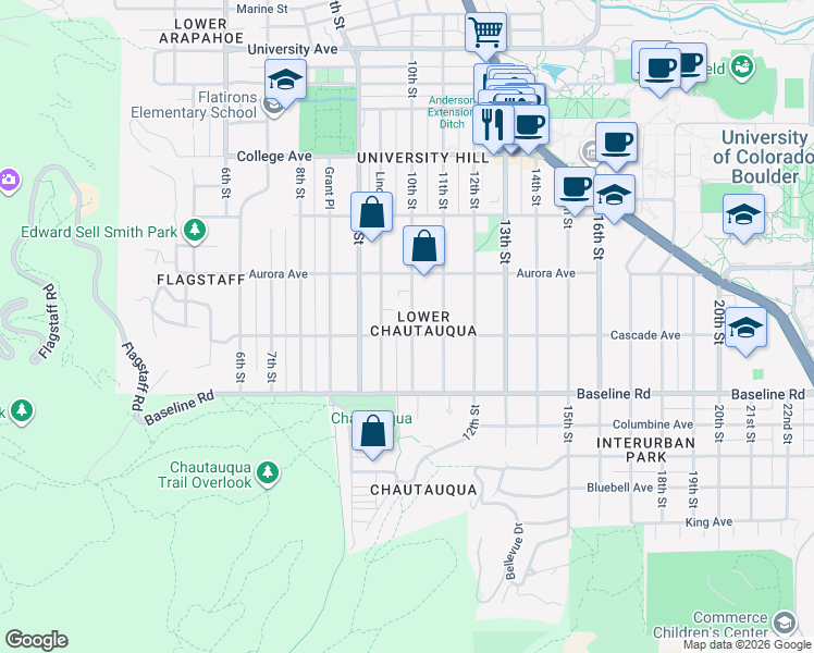 map of restaurants, bars, coffee shops, grocery stores, and more near 955 Cascade Avenue in Boulder