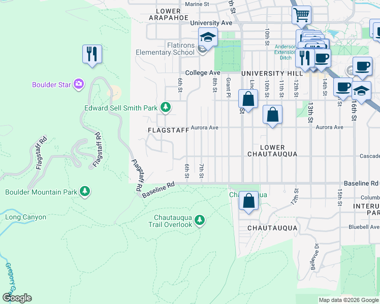 map of restaurants, bars, coffee shops, grocery stores, and more near 615 Cascade Avenue in Boulder