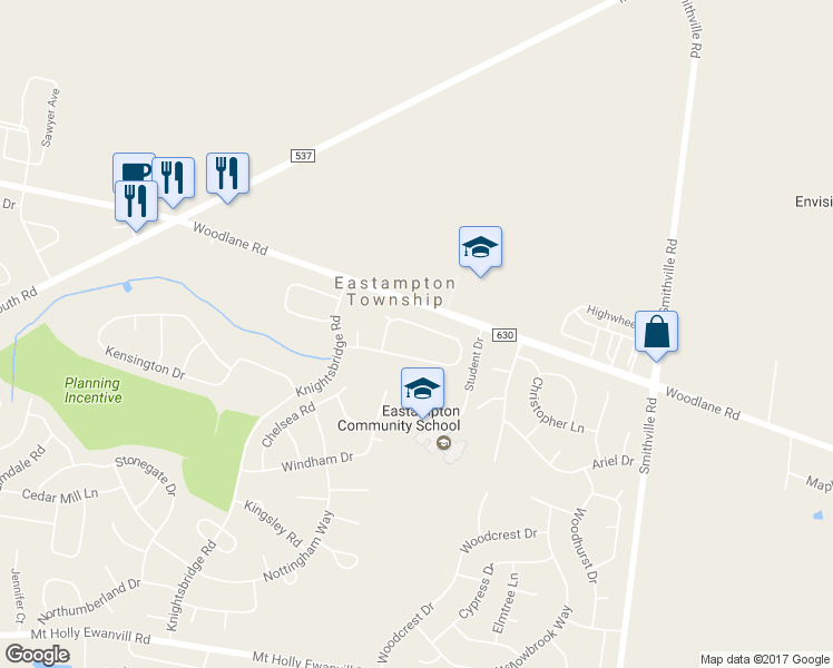 map of restaurants, bars, coffee shops, grocery stores, and more near 33 Manchester Road in Mount Holly