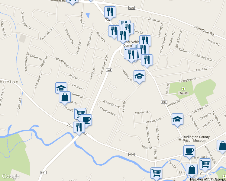 map of restaurants, bars, coffee shops, grocery stores, and more near 330 Levis Drive in Mount Holly
