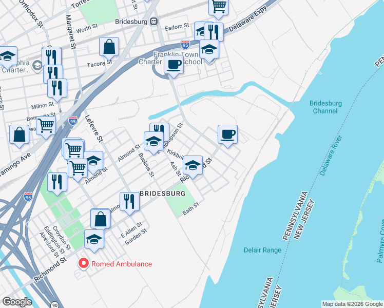 map of restaurants, bars, coffee shops, grocery stores, and more near 2790 Pratt Street in Philadelphia