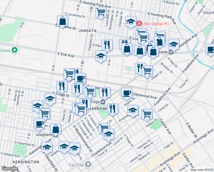 map of restaurants, bars, coffee shops, grocery stores, and more near 1145 East Venango Street in Philadelphia