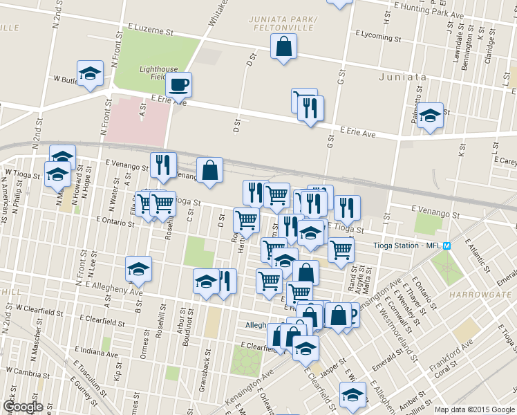 map of restaurants, bars, coffee shops, grocery stores, and more near 559 East Tioga Street in Philadelphia