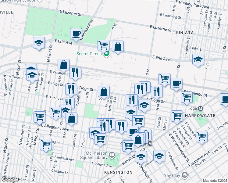 map of restaurants, bars, coffee shops, grocery stores, and more near 559 East Tioga Street in Philadelphia