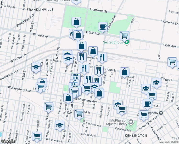 map of restaurants, bars, coffee shops, grocery stores, and more near in Philadelphia