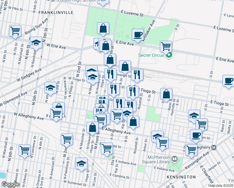 map of restaurants, bars, coffee shops, grocery stores, and more near 3422 North Water Street in Philadelphia