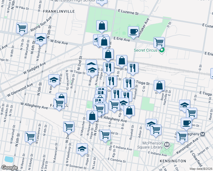 map of restaurants, bars, coffee shops, grocery stores, and more near 3422 North Water Street in Philadelphia