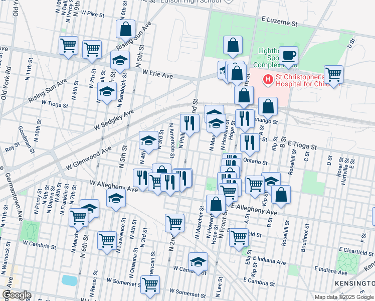 map of restaurants, bars, coffee shops, grocery stores, and more near 190 West Ontario Street in Philadelphia