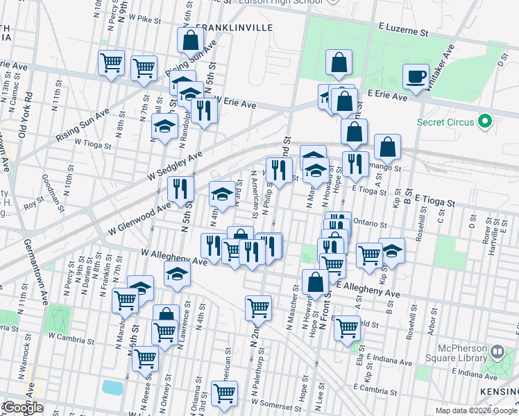 map of restaurants, bars, coffee shops, grocery stores, and more near 3356 North Philip Street in Philadelphia