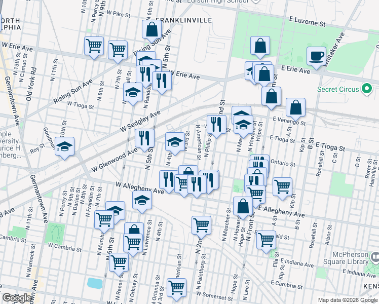 map of restaurants, bars, coffee shops, grocery stores, and more near 268 West Thayer Street in Philadelphia