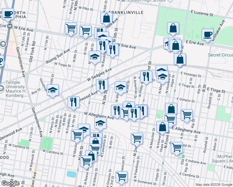 map of restaurants, bars, coffee shops, grocery stores, and more near 3330 North 4th Street in Philadelphia