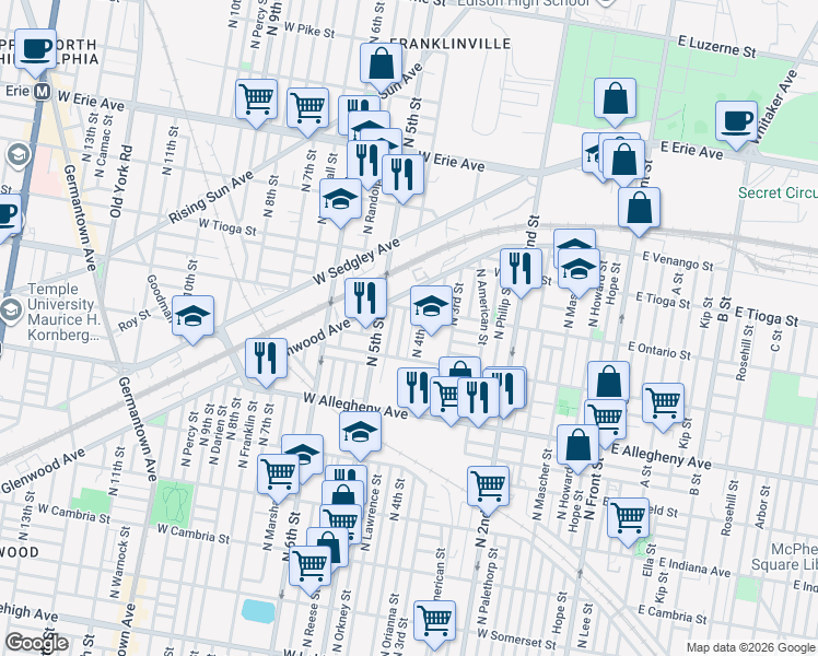 map of restaurants, bars, coffee shops, grocery stores, and more near 3330 North 4th Street in Philadelphia