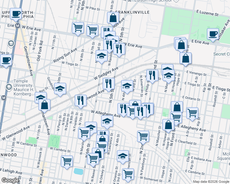 map of restaurants, bars, coffee shops, grocery stores, and more near 3321 North Reese Street in Philadelphia