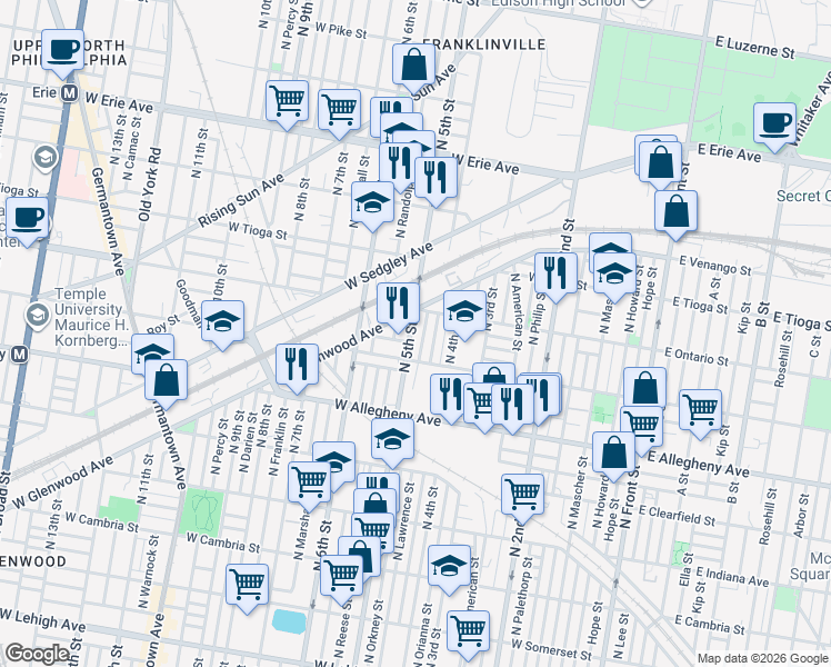 map of restaurants, bars, coffee shops, grocery stores, and more near 3321 North Reese Street in Philadelphia
