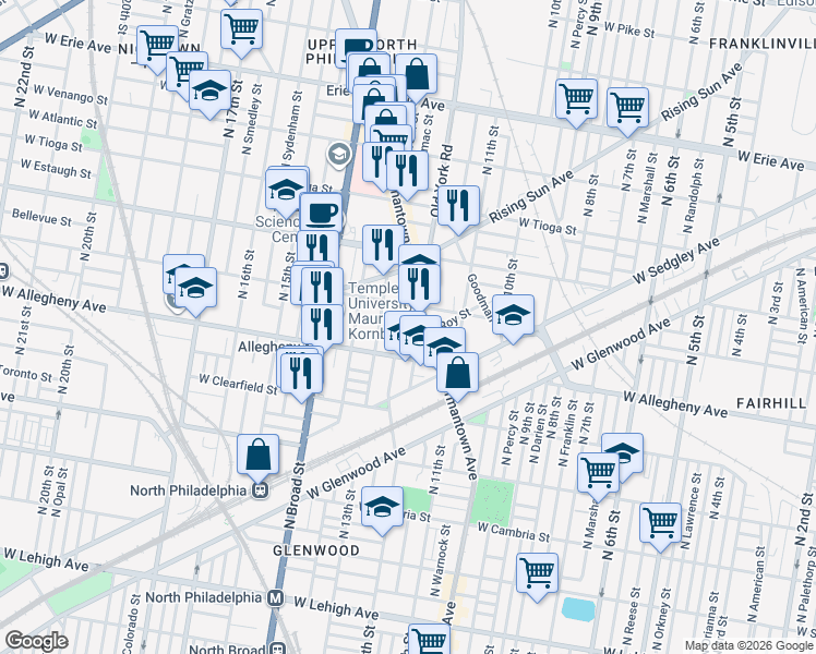 map of restaurants, bars, coffee shops, grocery stores, and more near 1233 West Hilton Street in Philadelphia