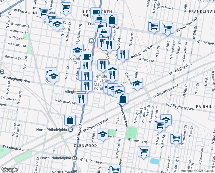 map of restaurants, bars, coffee shops, grocery stores, and more near 1239 West Hilton Street in Philadelphia