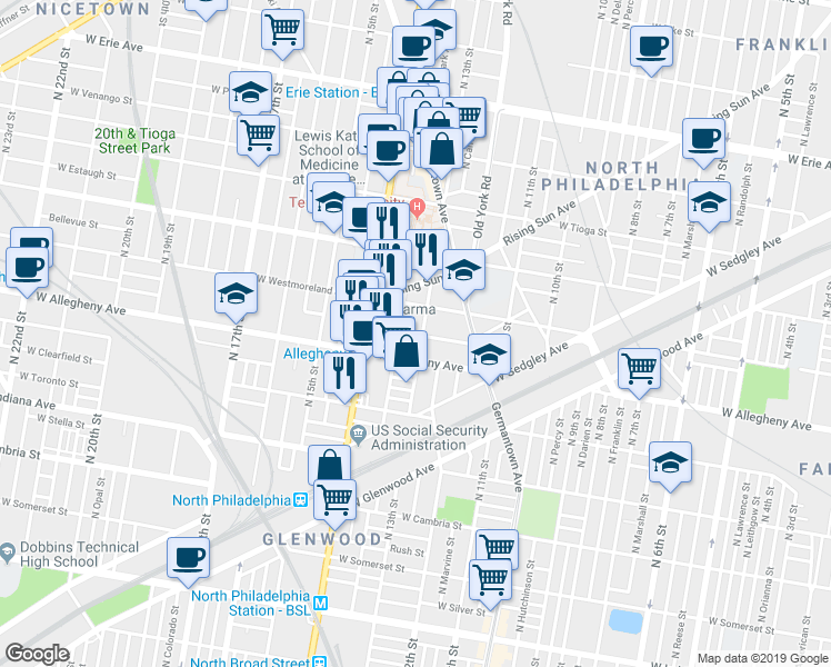 map of restaurants, bars, coffee shops, grocery stores, and more near 3219 North Park Avenue in Philadelphia