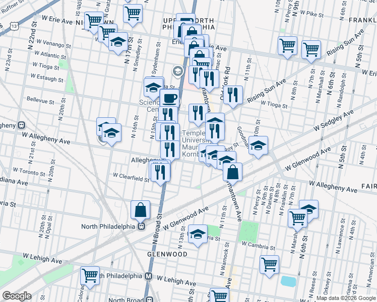 map of restaurants, bars, coffee shops, grocery stores, and more near 3219 North Park Avenue in Philadelphia