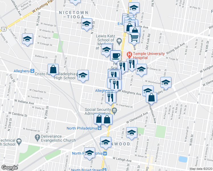 map of restaurants, bars, coffee shops, grocery stores, and more near in Philadelphia