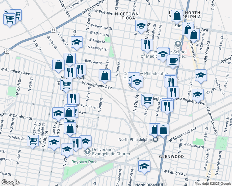 map of restaurants, bars, coffee shops, grocery stores, and more near 1900 West Allegheny Avenue in Philadelphia