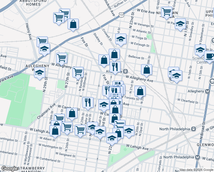 map of restaurants, bars, coffee shops, grocery stores, and more near 2301 West Clearfield Street in Philadelphia