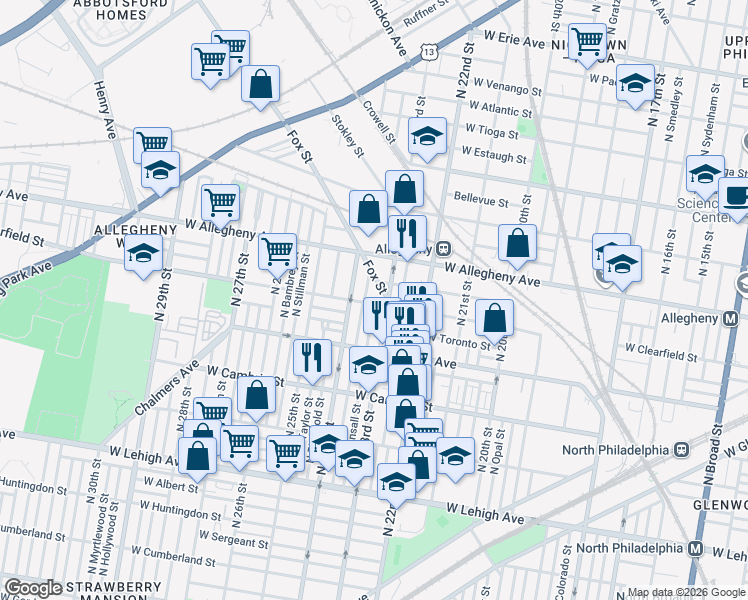 map of restaurants, bars, coffee shops, grocery stores, and more near 2301 West Clearfield Street in Philadelphia