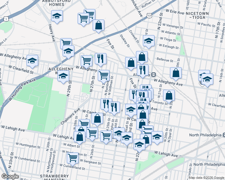 map of restaurants, bars, coffee shops, grocery stores, and more near 2453 West Toronto Street in Philadelphia