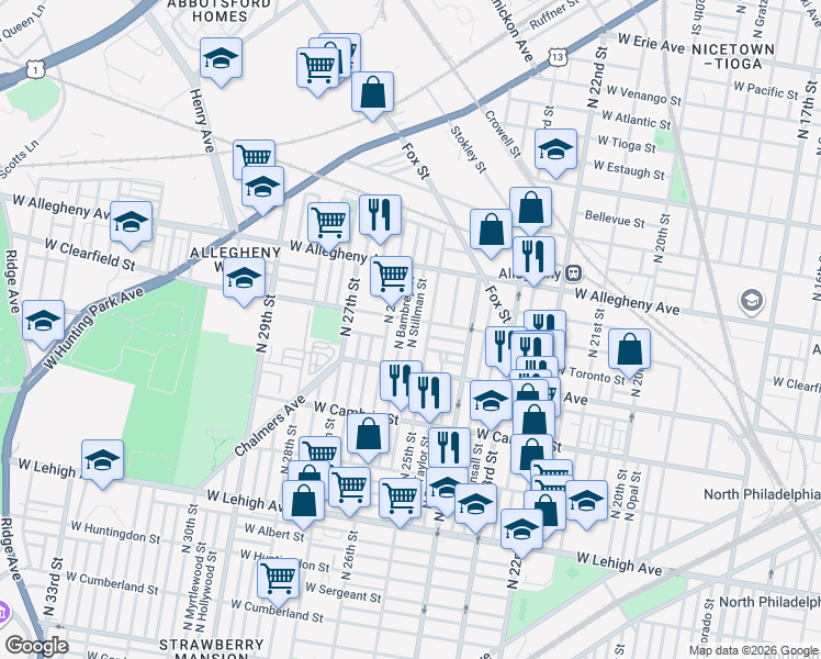 map of restaurants, bars, coffee shops, grocery stores, and more near 3045 North 26th Street in Philadelphia