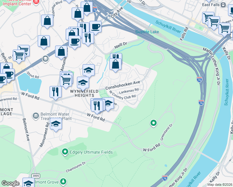 map of restaurants, bars, coffee shops, grocery stores, and more near 2721 West Country Club Road in Philadelphia