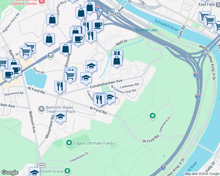 map of restaurants, bars, coffee shops, grocery stores, and more near 3910 Conshohocken Avenue in Philadelphia