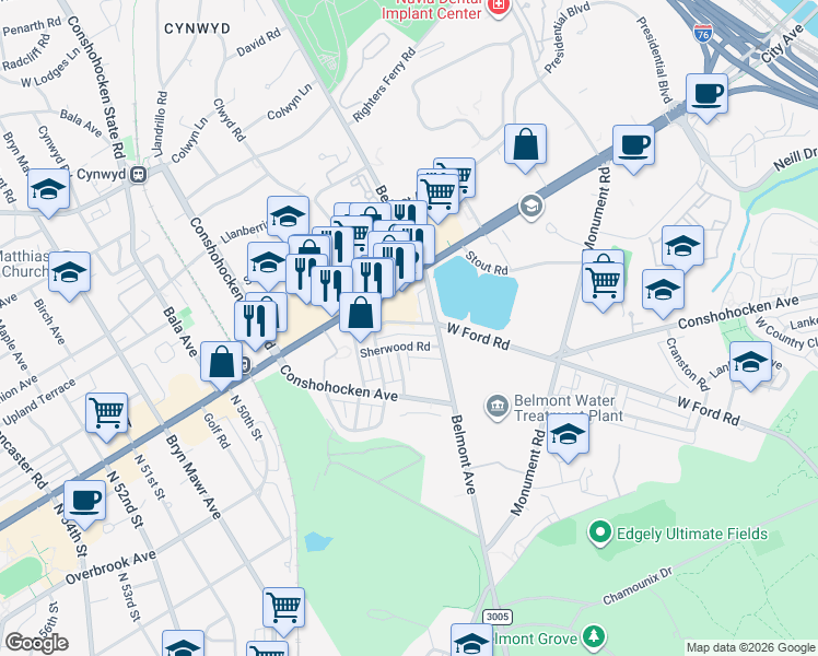 map of restaurants, bars, coffee shops, grocery stores, and more near 4456 Overbrook Avenue in Philadelphia